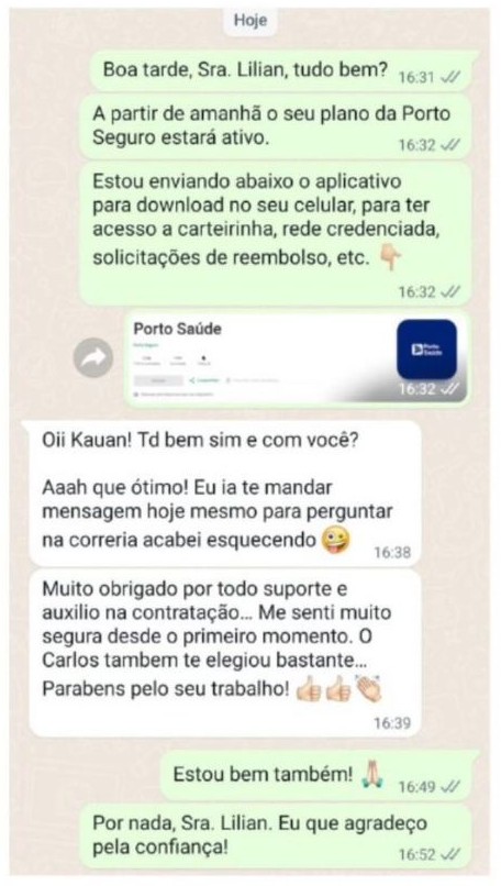 Feedback de cliente Porto Seguro no WhatsApp