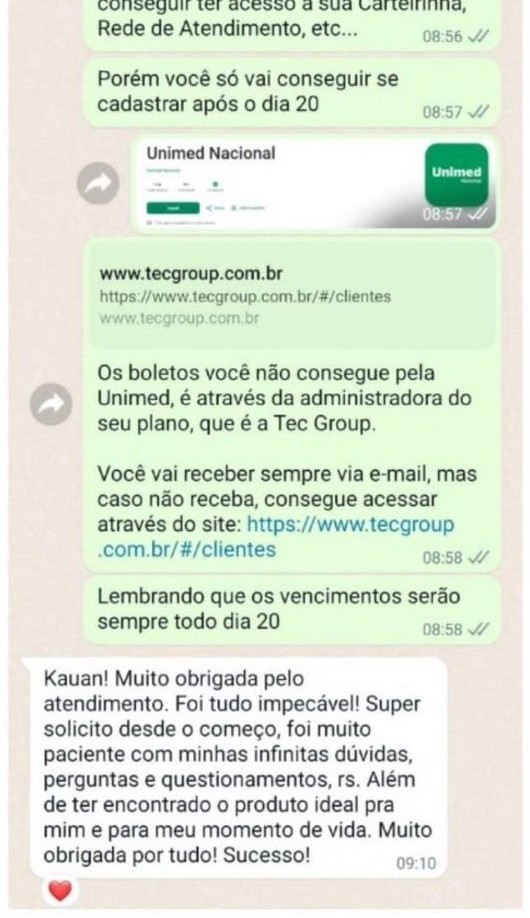 Feedback de cliente Unimed Nacional no WhatsApp